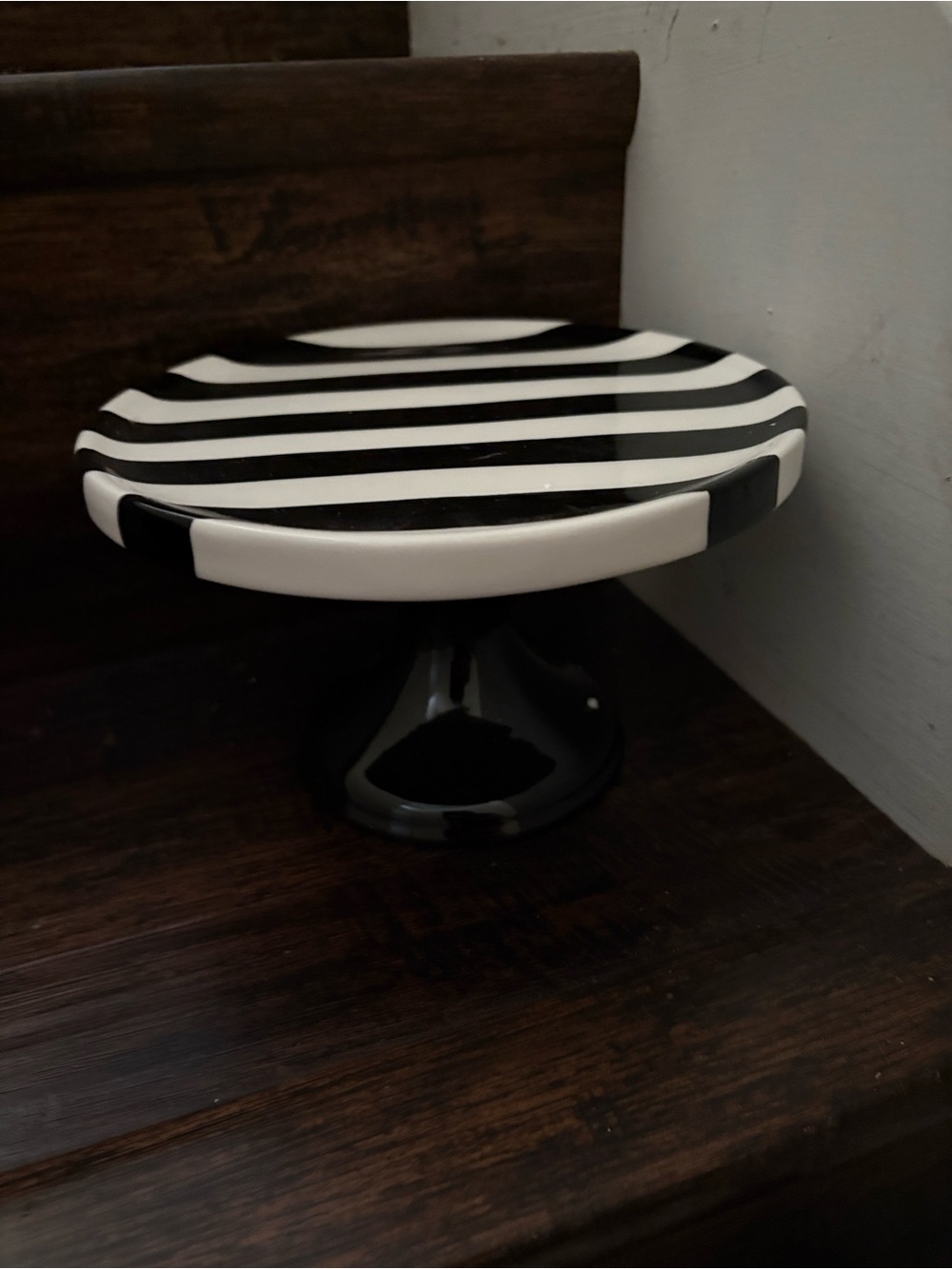 Striped Ceramic Pedestal Cake Stand - Black & White